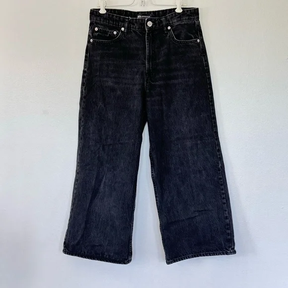 Zara Loose Fit  Wide Leg Crop Length Black Jeans Sz 8 - Picture 4 of 11